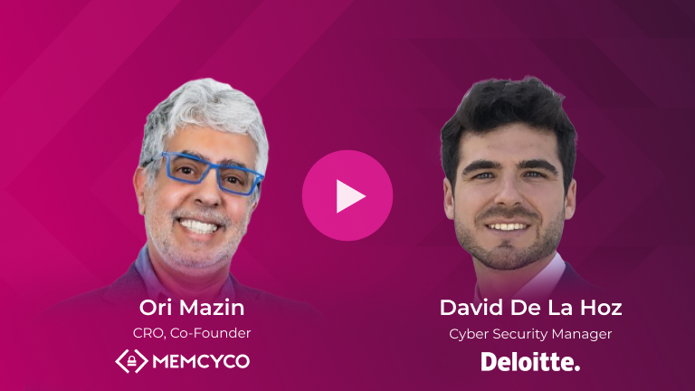 Ori Mazin of Memcyco and David De La Hoz of Deloitte discuss cybersecurity against a pink geometric background, highlighting the importance of a collaborative approach in today’s digital era. A play button appears in the center.