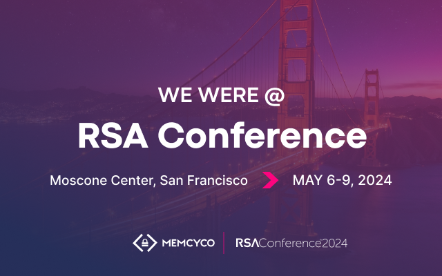 Text graphic announcing Memcyco's attendance at RSA 2024, the premier cybersecurity RSA event, held May 6-9 at the Moscone Center in San Francisco, with the iconic Golden Gate Bridge featured in the background.